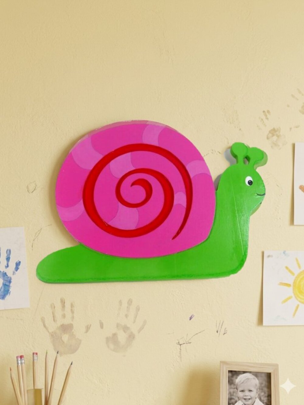 Snail 1/4" thick wood wall decor dimensional 13" tall Lime Green & Pink